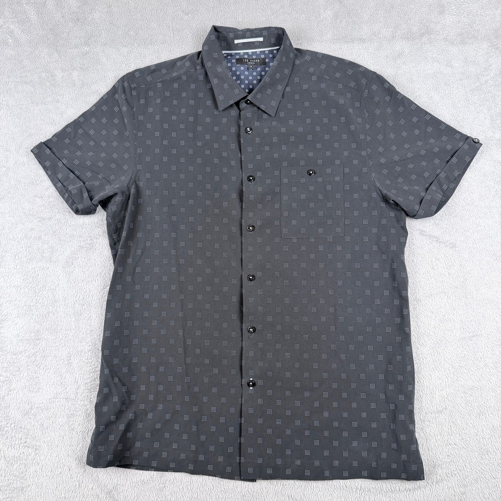 Ted Baker London Mens Size 4 Charcoal Grey Geometric Print Short Sleeve Shirt